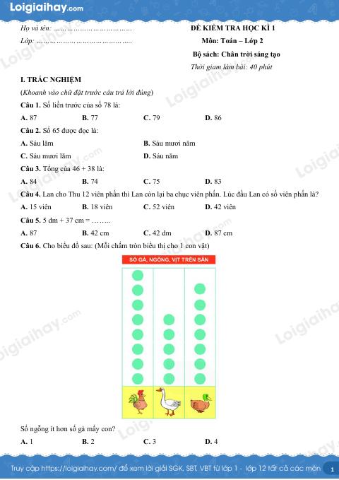 Đề kiểm tra học kì 1 Toán 2 Chân trời sáng tạo - Đề số 4